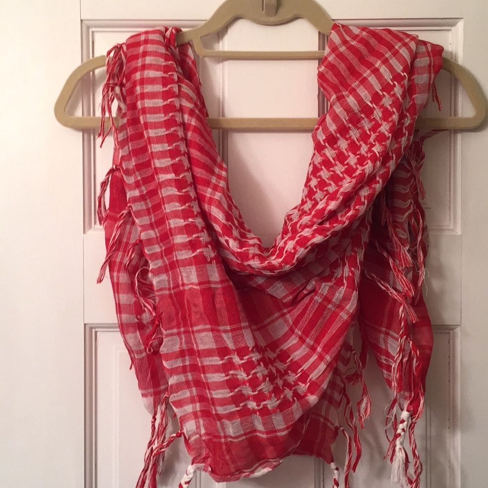 Fringed Red and White Gauze Scarf